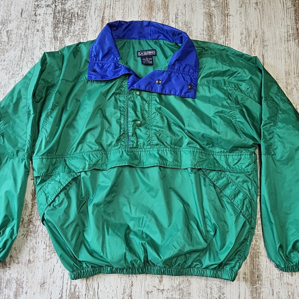 Vintage LA Loving Windbreaker Jacket Size Large Green & Blue Pullover Retro
